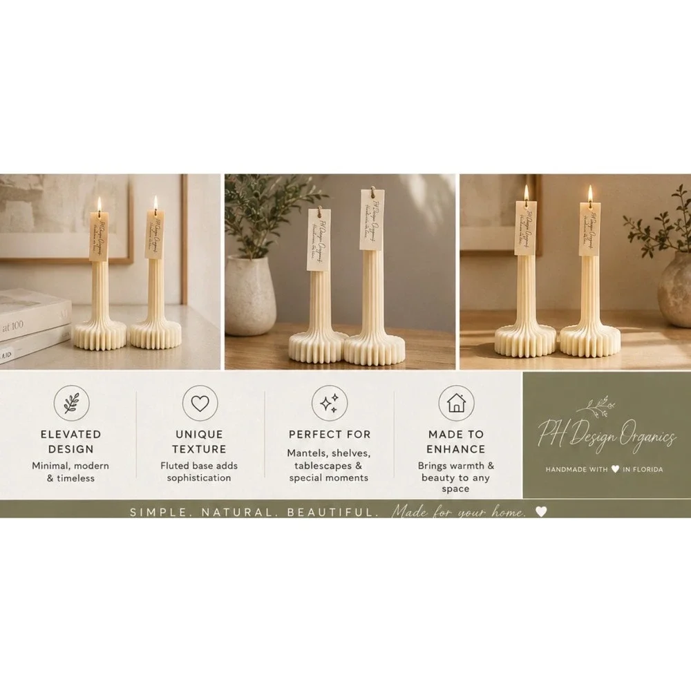 PH Design Organics Sculptural Pillar Candles Set of 2 Ivory Fluted Soy Wax NEW